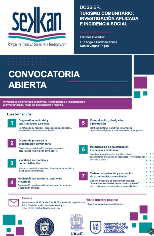 Convocatoria abierta: dossier «Turismo comunitario, investigación aplicada e incidencia social» de Sekkan. Revista de Ciencias Sociales y Humanidades
